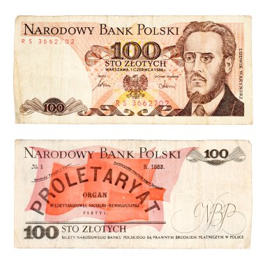 100 Zlotisi 1986 banknot--dan Polonez ya beyaz izole