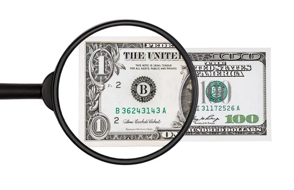 One usd upon closer inspection with a magnifying glass becomes one hundred usd, isolated on white — Stock Photo, Image