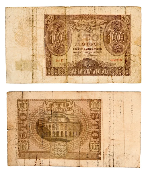 100 Zlotisi 1940 banknot--dan Polonez ya beyaz izole — Stok fotoğraf