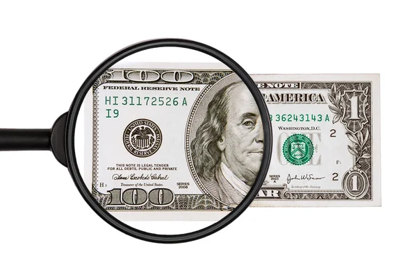 One usd upon closer inspection with a magnifying glass becomes one hundred usd, isolated on white — Stock Photo, Image