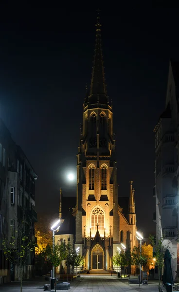 Mariacki church in Katowice with moon in the night. — Stock Photo, Image