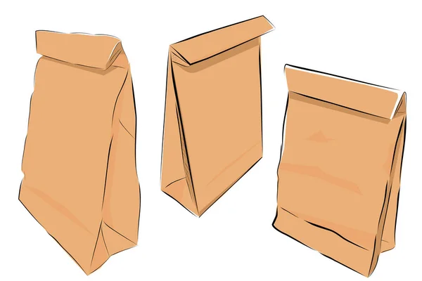 Set Simple Vector Brown Dibujar Mano Bosquejo Bolsa Papel Tapa — Vector de stock