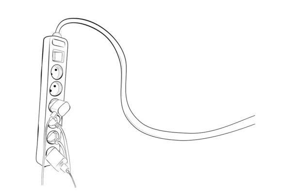 简单的矢量手绘素描 Ilustarion安全使用电缆扩展的方法 带有智能手机充电器和其他设备电缆 — 图库矢量图片