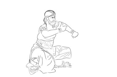 Simple Vector Hand, Ponorogo Doğu Java Endonezya 'dan Siyah Taslak ve Geleneksel Reog Dansı, beyaz üzerine izole edilmiş.