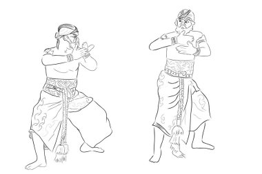 Simple Vector Hand, Ponorogo Doğu Java Endonezya 'dan Siyah Taslak ve Geleneksel Reog Dansı, beyaz üzerine izole edilmiş.