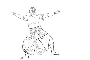 Simple Vector Hand, Ponorogo Doğu Java Endonezya 'dan Siyah Taslak ve Geleneksel Reog Dansı, beyaz üzerine izole edilmiş.