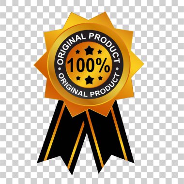Vektör Altın Mühür veya Etiket,% 100, orijinal ürün, yıldız, şeffaf efekt arka planda siyah kurdele