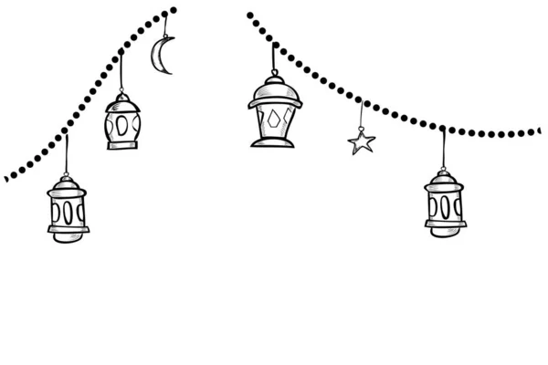 ラマダーンカレームグリーティングカード バナー フライヤー ポスター カラフルなランタンのための簡単な手描きスケッチベクトル ランタン 星と月 要素のデザインやテンプレート — ストックベクタ