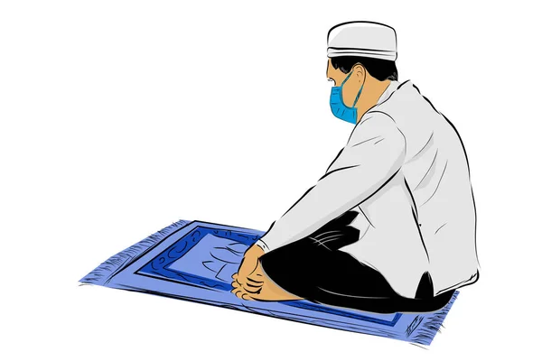シンプルなベクトルハンドドロースケッチ イスラム教徒やイスラム教徒の男性は マスクを使用して 祈りのマットに座る — ストックベクタ