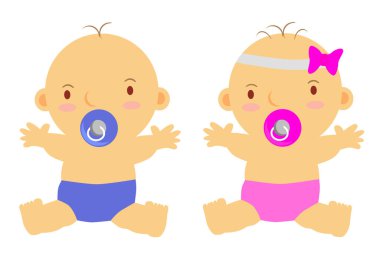 Simple Vector Sitting Baby Boy and Girl with nipple, isolated on white
