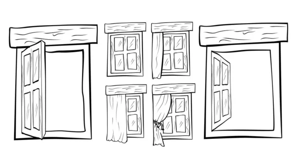 Set Simple Vector Hand Draw Skizze Von Fenster Und Vorhang — Stockvektor