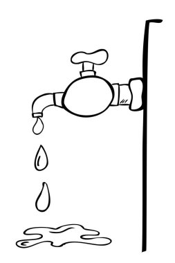 Basit Taslak Vektör El, duvardaki musluğu çiz, suyu dök ve dök, beyaz üzerine izole edilmiş.