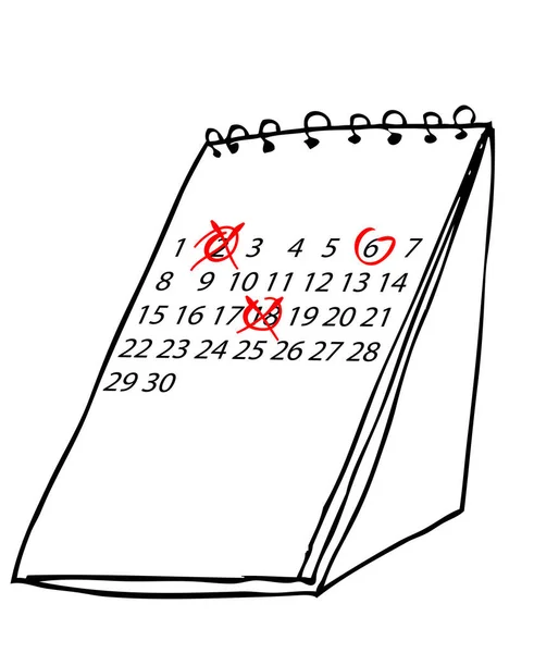 赤いマークが付いたデスクカレンダーのシンプルなベクトルハンドドロースケッチ スケジュール変更や遅延の予定のためのイラスト — ストックベクタ