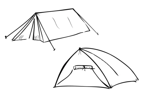 シンプルなアウトラインベクトルハンドドロースケッチ2つのモデルキャンプテント ドゥームと三角形 — ストックベクタ