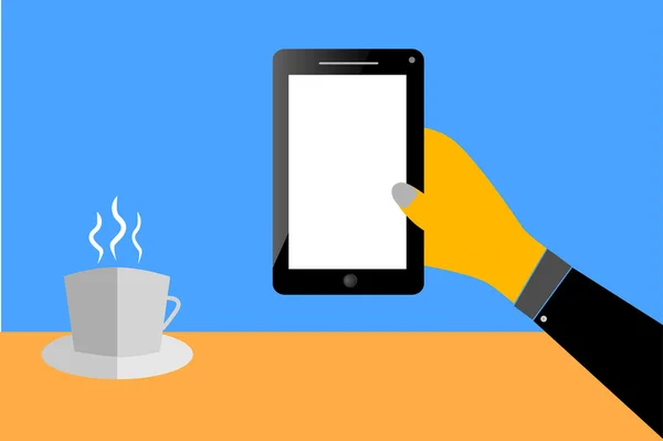 El - boş bir Smartphone ve bir fincan kahve tutun — Stok fotoğraf