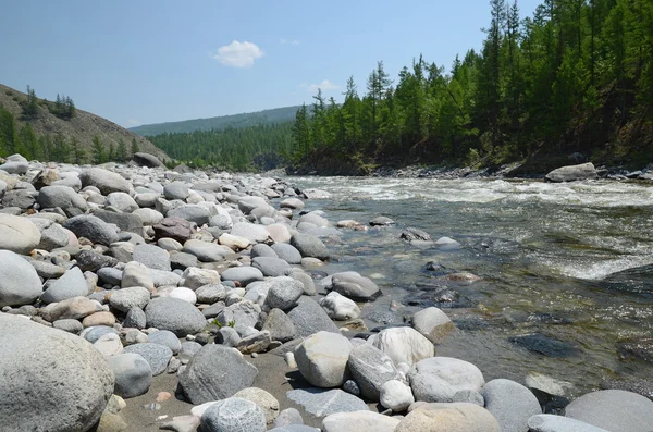 Rivage rocheux de la rivière Irkut à ses débuts dans les montagnes Sayan — Photo