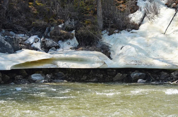 Glacier sur la rive de la rivière Irkut à ses débuts dans les montagnes Sayan en Juin — Photo