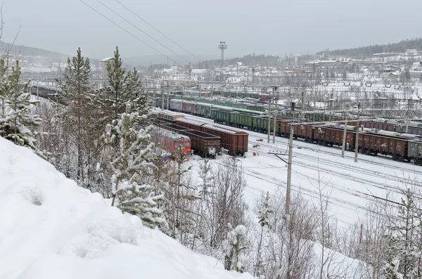 Tren trenes de mercancías en la estación Korshunikha. Región de Irkutsk — Foto de Stock