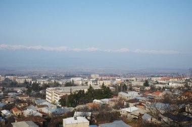 Top view of the town of Telavi, Alazani Valley and Caucasus Ridge
