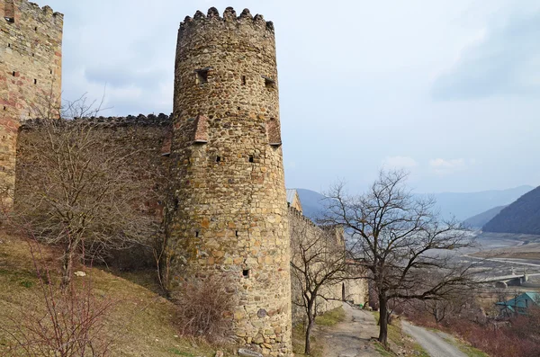 Menara abad XIII dan dinding Gereja Pengangkatan dengan ukiran anggur dan salib di bagian depan. Istana Ananuri. Georgia — Stok Foto