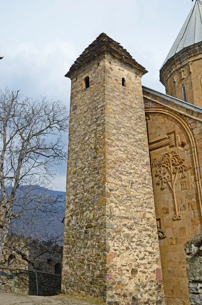 XIII. yüzyıl Kulesi ve oyma asma ve bir çapraz ön varsayım kilise duvarına. Ananuri Kalesi. Gürcistan — Stok fotoğraf