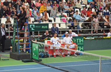Irkutsk, Russia-Sept,19 2015: Team of Russia, break. Davis Cup World Group Play-offs. Russia - Italy. Sports Palace 'Baikal-Arena', Irkutsk, RUS (hard - indoors)