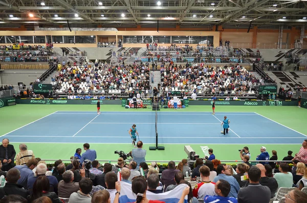 Irkutsk, Russia-Sept,19 2015:Davis Cup World Group Play-offs. Russia - Italy. Sports Palace 'Baikal-Arena', Irkutsk, RUS (hard - indoors) — Stock Photo, Image