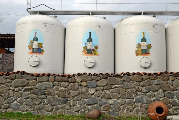 Kvareli, Georgia-March,3 2015: Three big cisterns with wine on Kinzmarauli Corporation in Kvareli. Georgia — Stock Photo, Image