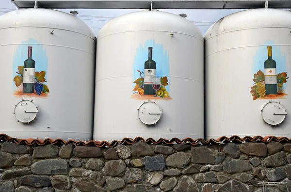 Kvareli, Georgia-March,3 2015: Three big cisterns with wine on Kinzmarauli Corporation in Kvareli. Georgia — Stock Photo, Image