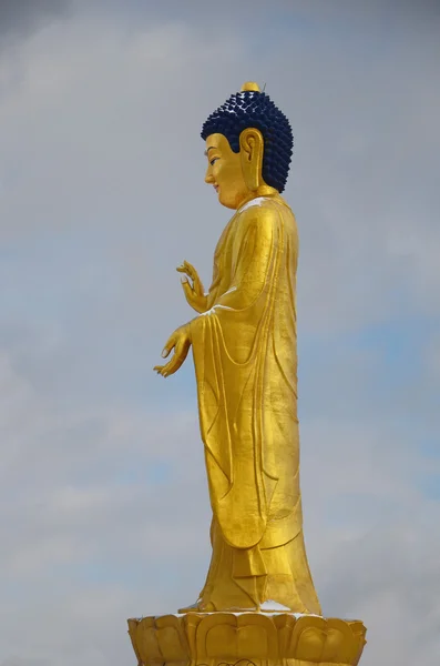 Ulan Batur, Moğolistan - 02 Aralık 2015: Altın Buddha statue yakınındaki tepenin Zaisan clody günde Ulaanbaatar