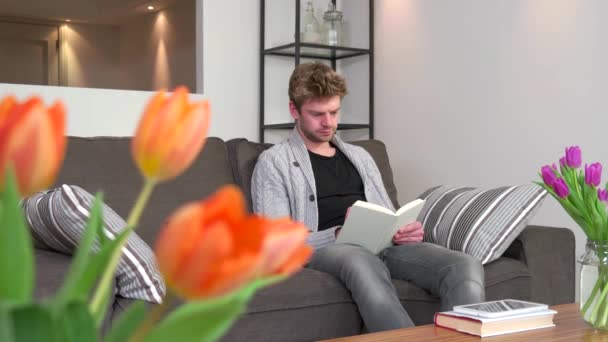 Young Man นักเรียนเตรียมการทดสอบกับหนังสือและโน้ตบุ๊คคอมพิวเตอร์ — วีดีโอสต็อก