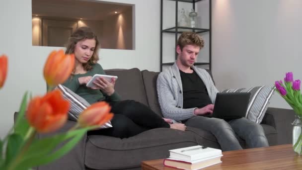 Estudiantes universitarios felices que estudian con la tableta del Ipad y la computadora portátil — Vídeo de stock