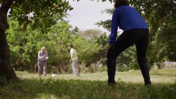 Feliz familia abuela abuelo y chico jugando fútbol — Vídeos de Stock