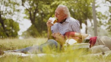 5-Slowmotion yaşlı çift üst düzey adam ve kadının piknik yapması