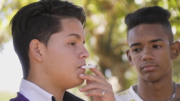 8-Groupe de mouvement lent des adolescents fumant la cigarette — Video