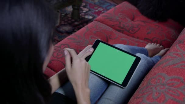 Woman Touching Ipad Green Screen Computer Monitor Internet Web Site — Stock Video