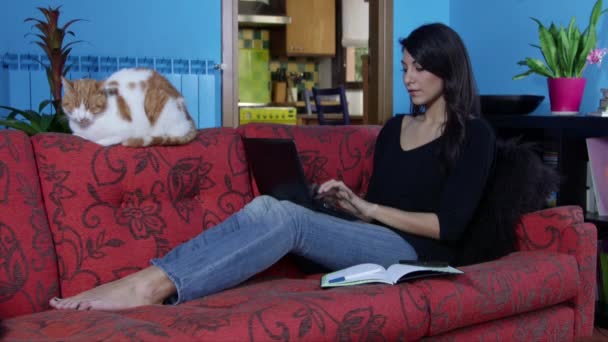 Женщина, работающая с ноутбуком ПК и мобильного телефона дома — стоковое видео