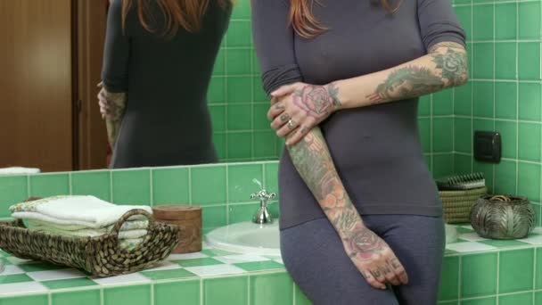 Portrait Girl Woman Showing Tattoo Skin Arms Looking At Camera — Stock Video