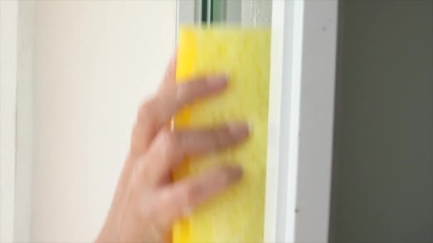 Vrouw schoonmaken vensterglas — Stockvideo