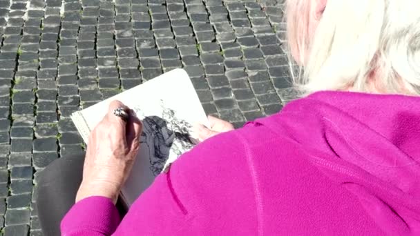 Artista Donna Pittura Disegno Fontana Monumento Piazza Navona Roma — Video Stock