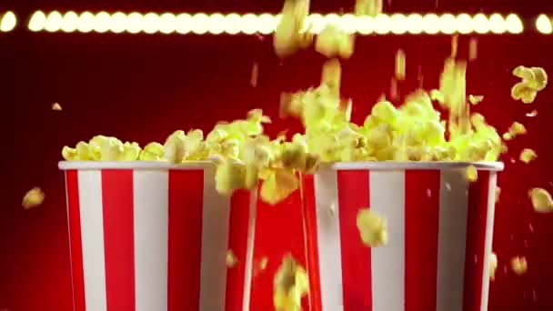 11 skålar fylld med Popcorns för Movie Night Slowmotion 120p — Stockvideo