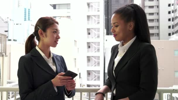 Коллеги счастливые коллеги Девушки разговаривают во время перерыва в офисе — стоковое видео