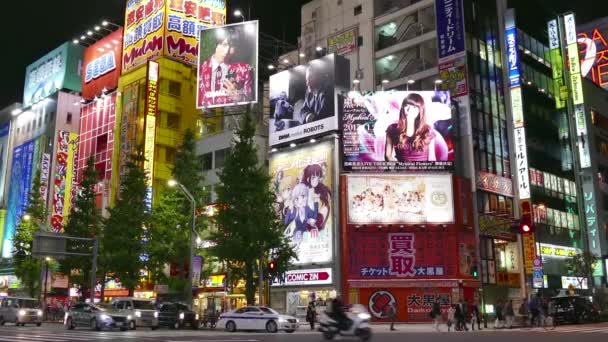 Κυκλοφορία αυτοκινήτων δρόμου νύχτα φώτα σημάδια Akihabara Τόκιο Ιαπωνία Ασία — Αρχείο Βίντεο