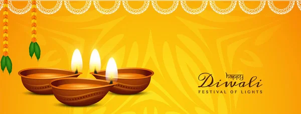 Cor Amarela Feliz Festival Diwali Vetor Design Banner Elegante — Vetor de Stock