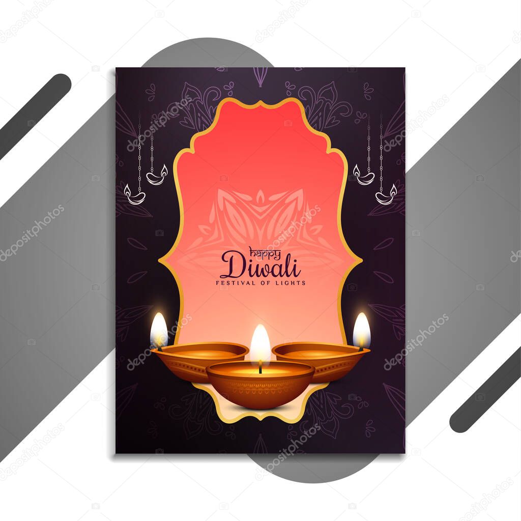 Happy Diwali festival cultural brochure with lamps design vector