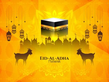 İslam Festivali El Adha Mübarek sarı arka plan vektörünü selamladı