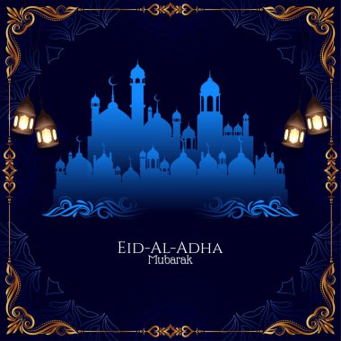 Kurban Bayramı Mübarek mavi cami altın çerçeve arka plan vektörü