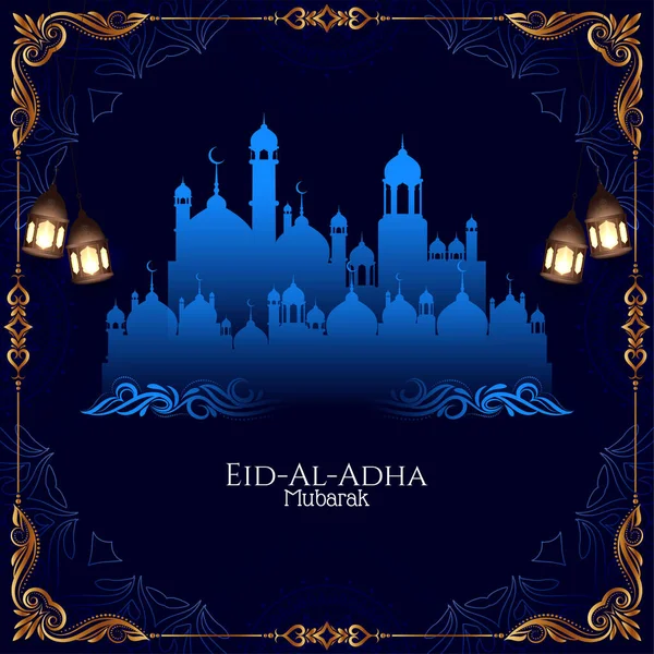 Eid Adha Mubarak Blå Moské Gyllene Ram Bakgrund Vektor — Stock vektor