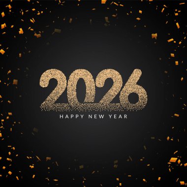 Mutlu yıllar 2026 noktalı metin altın konfeti kartı vektörü