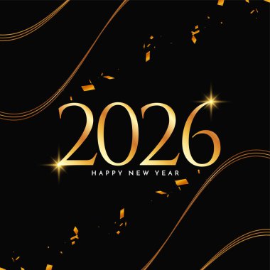 Modern Mutlu yıllar 2026 altın metin siyah tebrik kartı vektörü